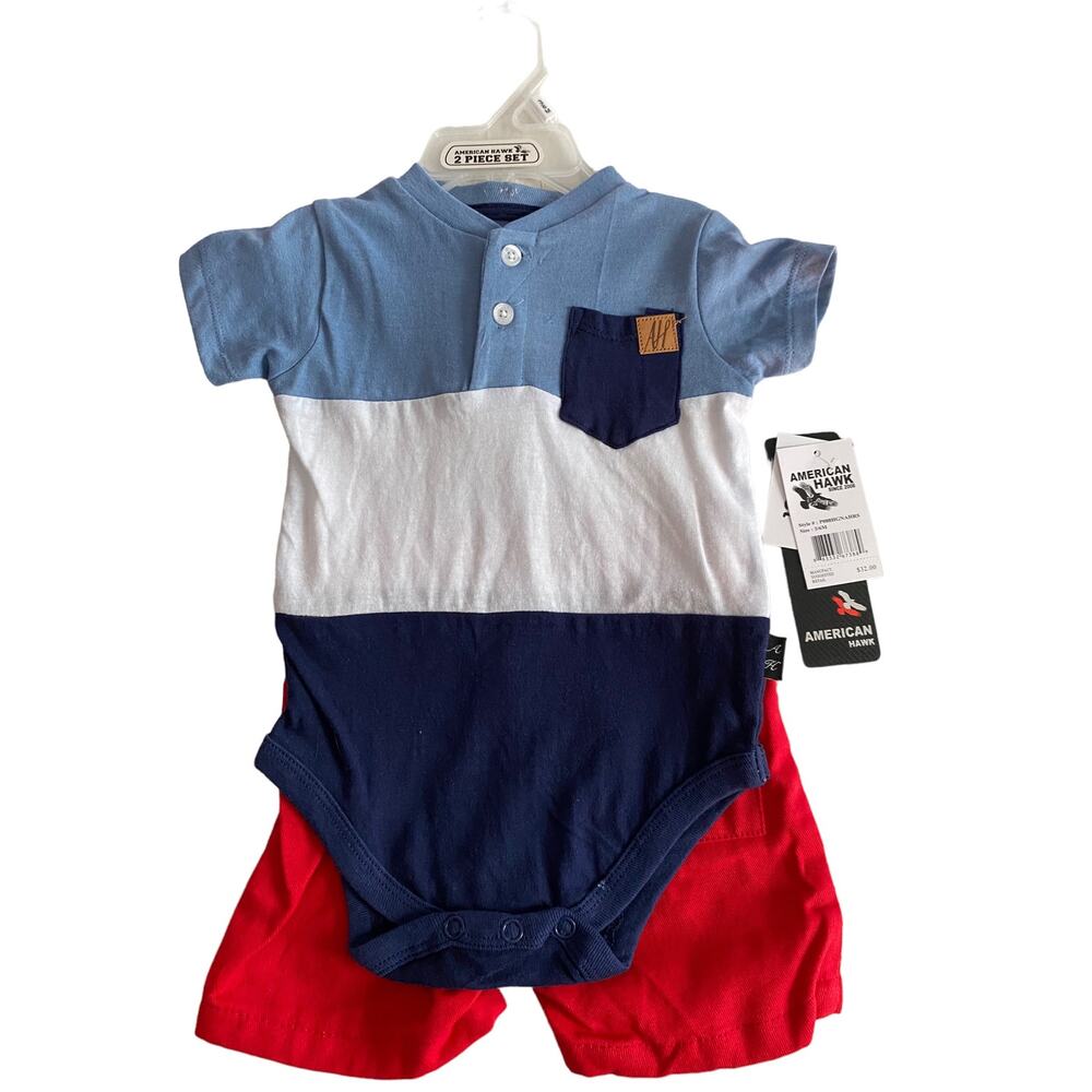 3/6- month baby boy American Hawk 2-piece short set Red, White and Blue NWT